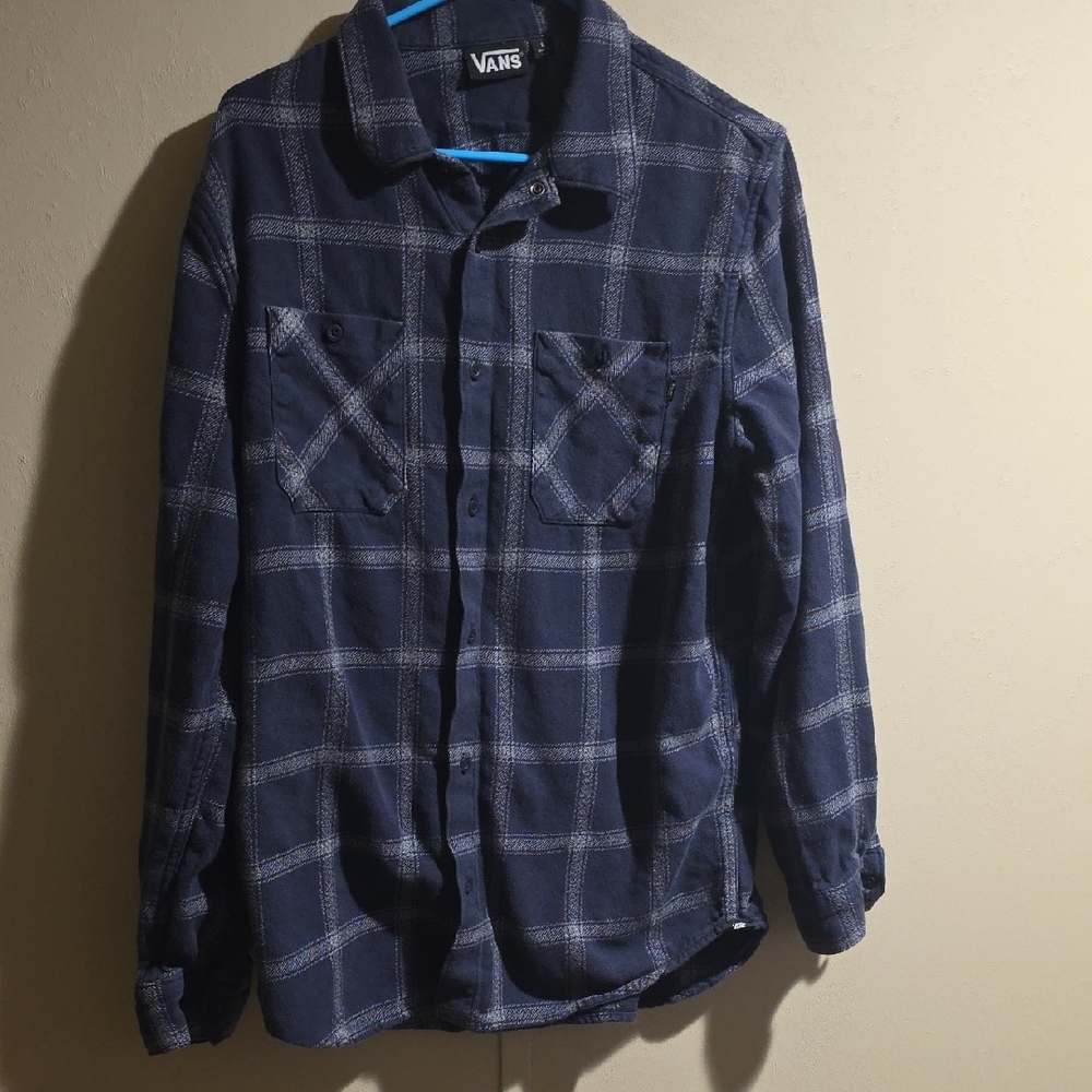 Vans Mens Navy Checkered Long Sleeve Flannel (Large)